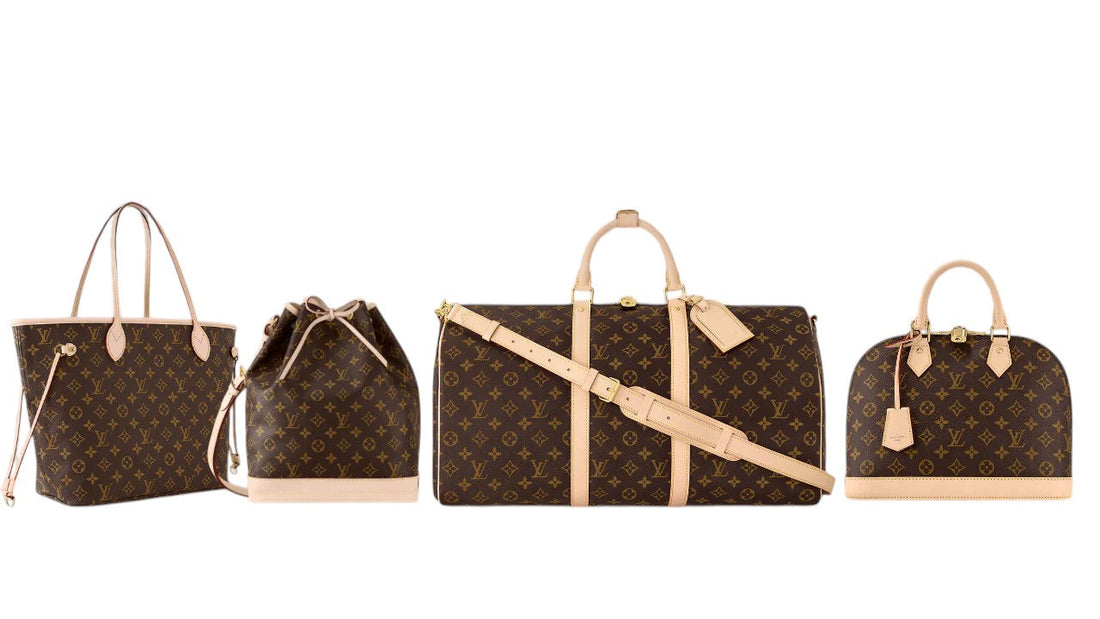 Four different Louis Vuitton bags in the classic brown monogram pattern with tan leather trims, lined up against a white background.