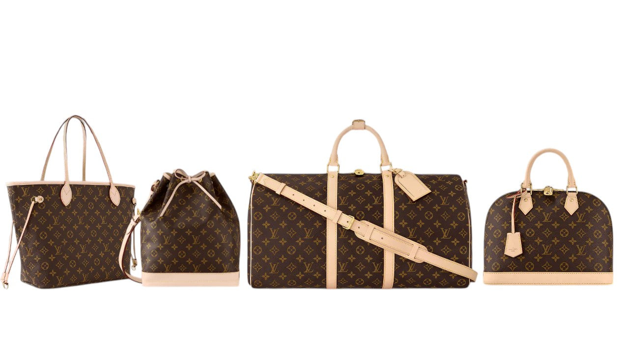 Four different Louis Vuitton bags in the classic brown monogram pattern with tan leather trims, lined up against a white background.