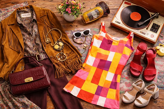A collection of retro and vintage clothing, bags and accessories