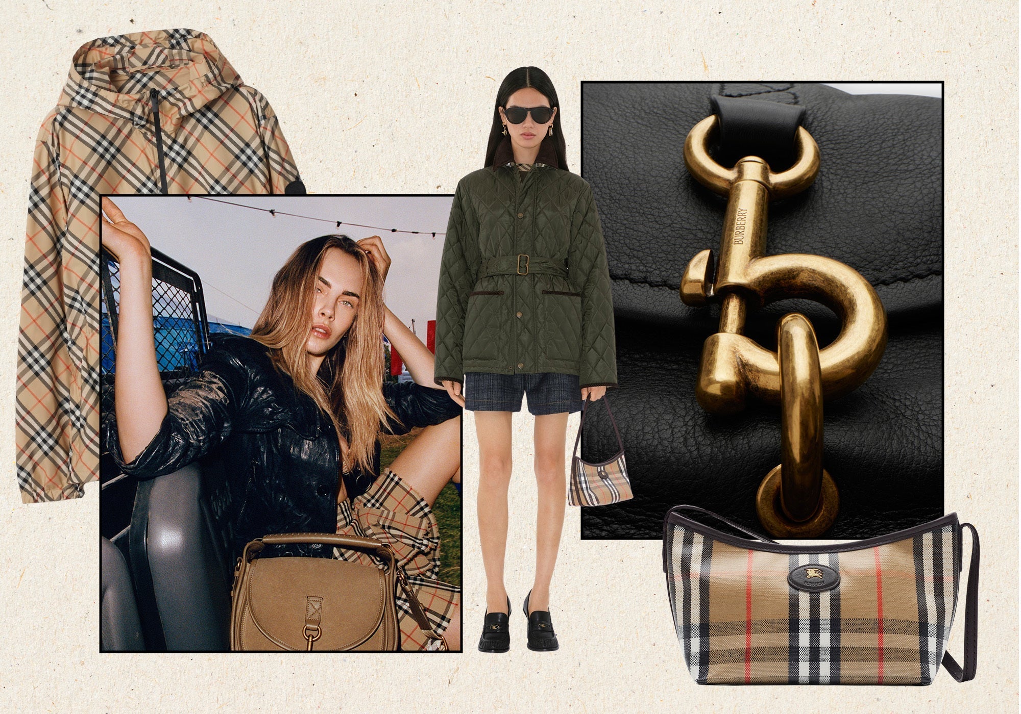 Authentic Burberry products including check-pattern bags, trench coat, luxury outerwear, and signature Burberry hardware details.