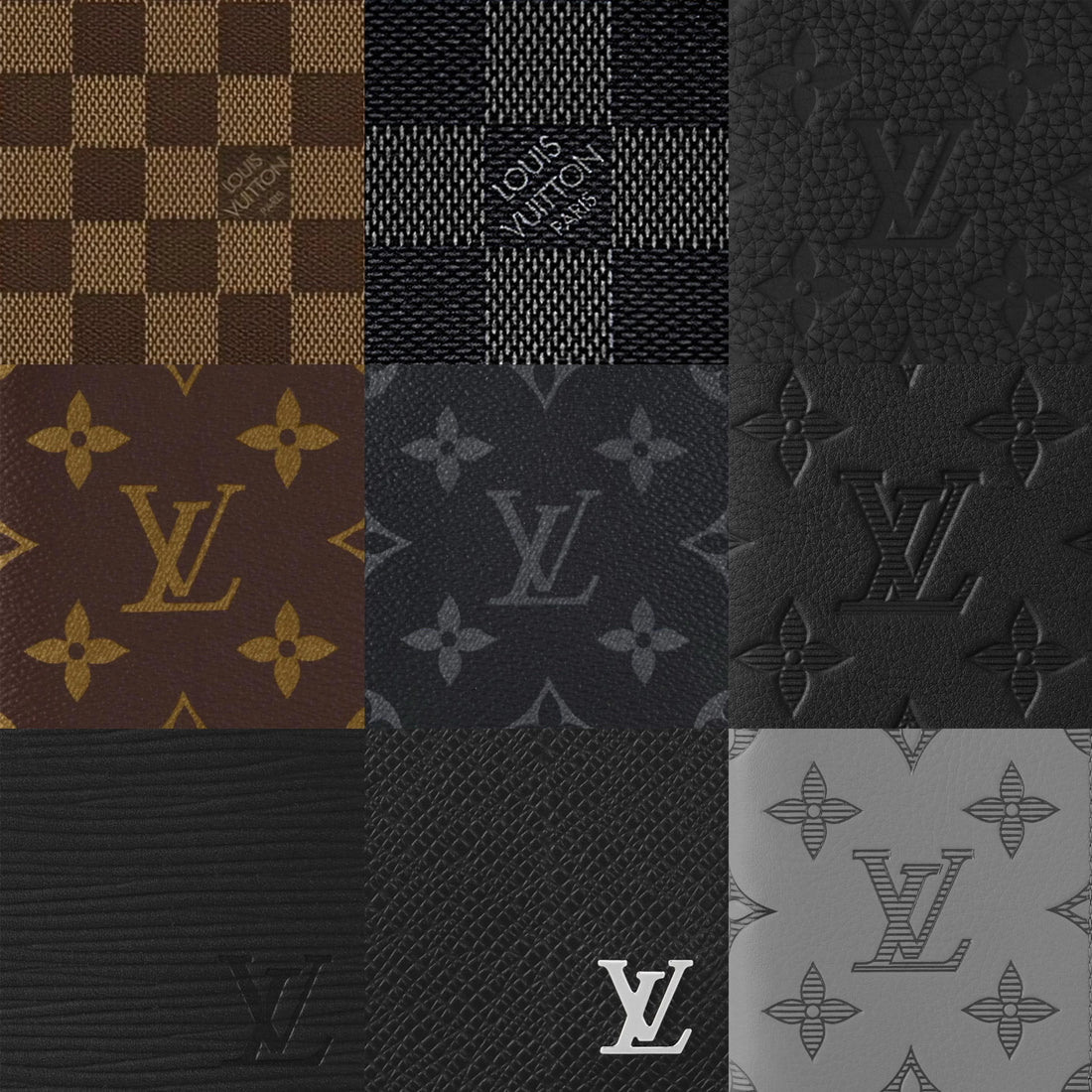 Louis Vuitton bag materials - Monogram canvas, Damier Ebene and Epi leather close-up