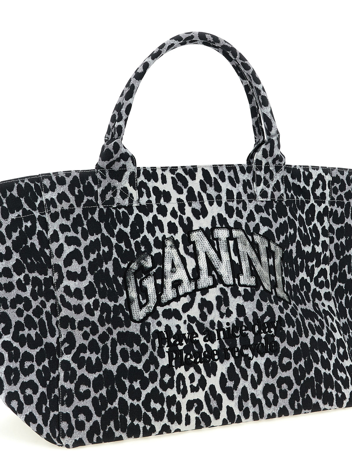 Ganni Leopard Sequin XXL totebag i grå resirkulert bomull – bilde 3