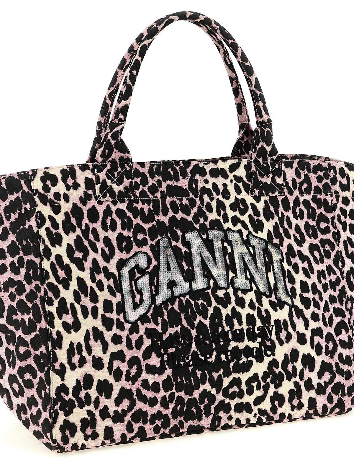 Ganni Leopard Sequin XXL totebag i rosa resirkulert bomull – bilde 3