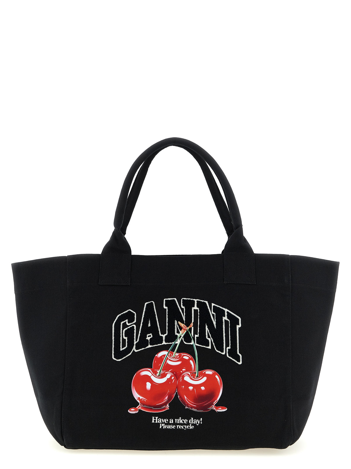 Ganni Cherry Medium Tote Bag in Black Recycled Cotton