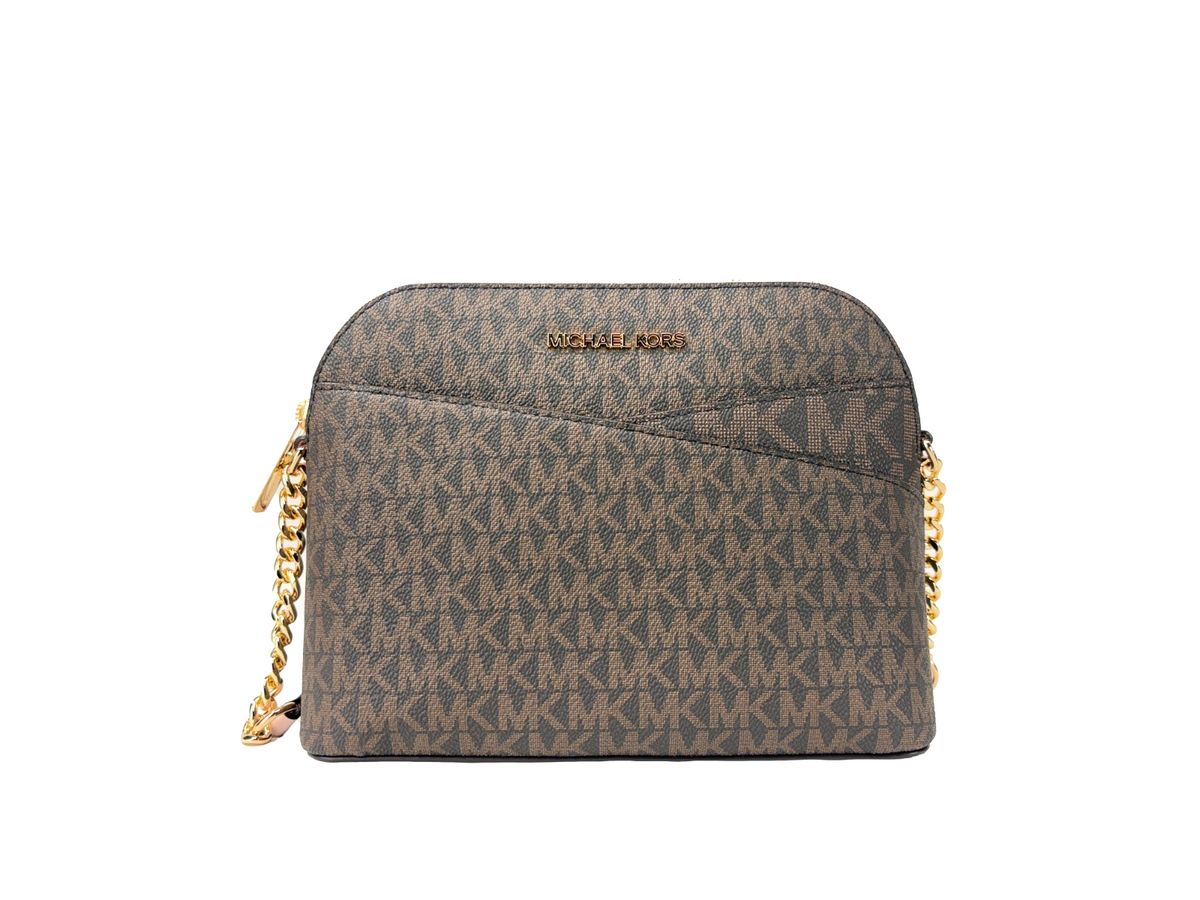 Michael Kors Jet Set Travel Medium dome crossbody-väska i brun och Powder Blush
