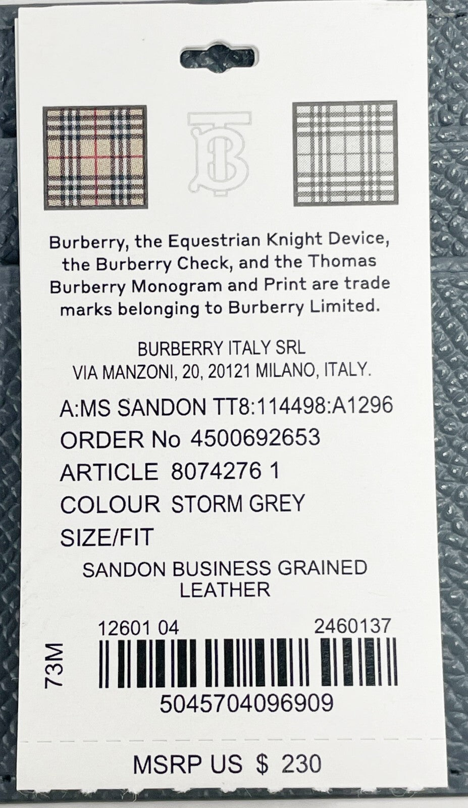 Burberry Sandon kortholder i stormgrått narvet skinn – bilde 4