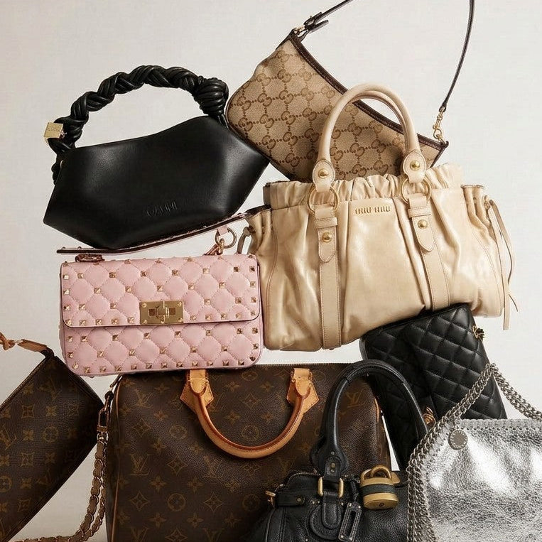 Collection of bestselling pre-owned designer handbags including Louis Vuitton, Gucci, Chanel and Miu Miu