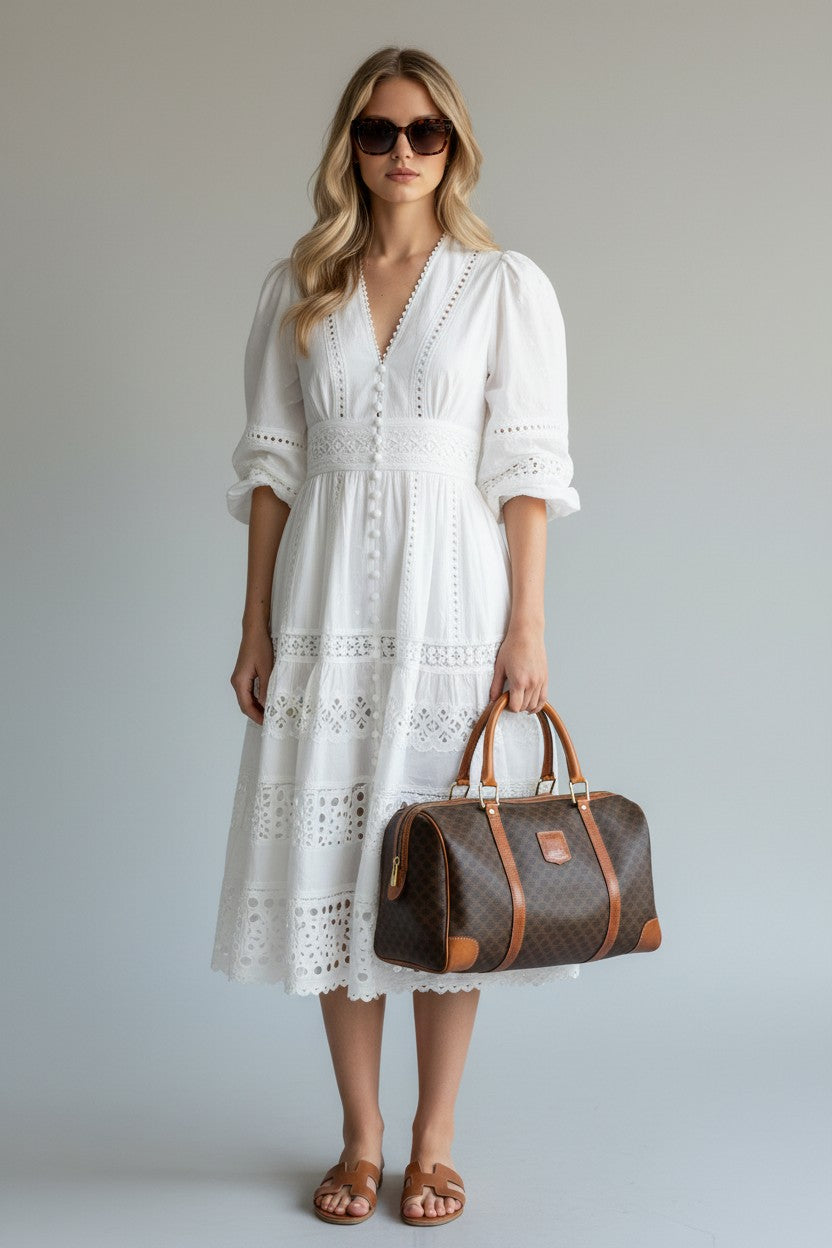 Model in a white dress carrying a brown monogram duffel bag